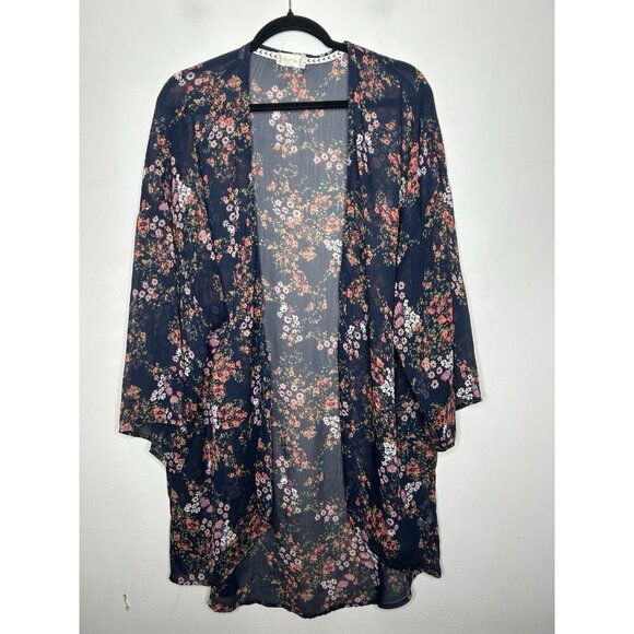 Altar'd State Kimono Womens  Navy Blue Floral Print Open Front Long Size Large - Picture 1 of 8